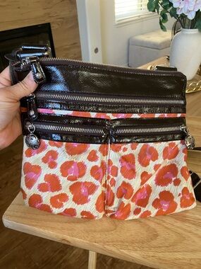 Brighton Women’s Crossbody Bag in Brown with Pink & Orange Print